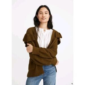 Madewell Ruffle Cardigan Sweater M Green (“Golden Spinach”) – EUC w/ Minor Spot